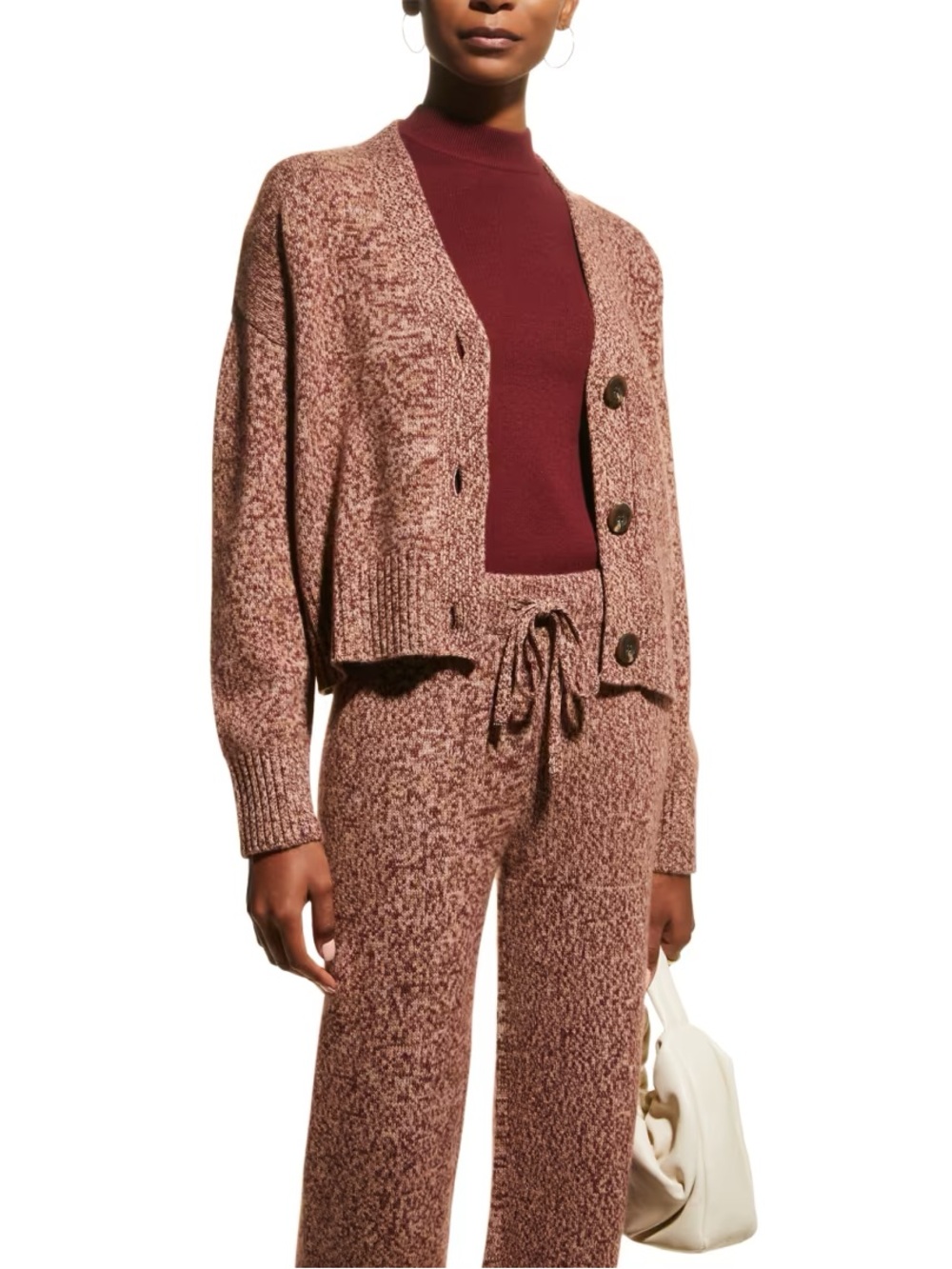 Monrow Cashmere-blend Marled crop cardigan wide leg pants lounge set